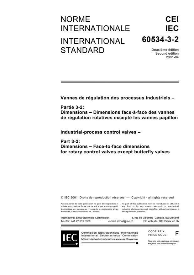 IEC 60534-3-2:2001 - Industrial-process control valves - Part 3-2: Dimensions - Face-to-face dimensions for rotary control valves except butterfly valves