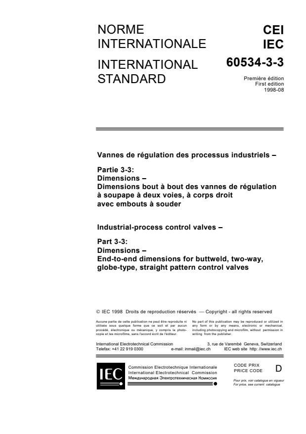 IEC 60534-3-3:1998 - Industrial-process control valves - Part 3-3: Dimensions End-to-end dimensions for buttweld, two-way, globe-type, straight pattern control valves
