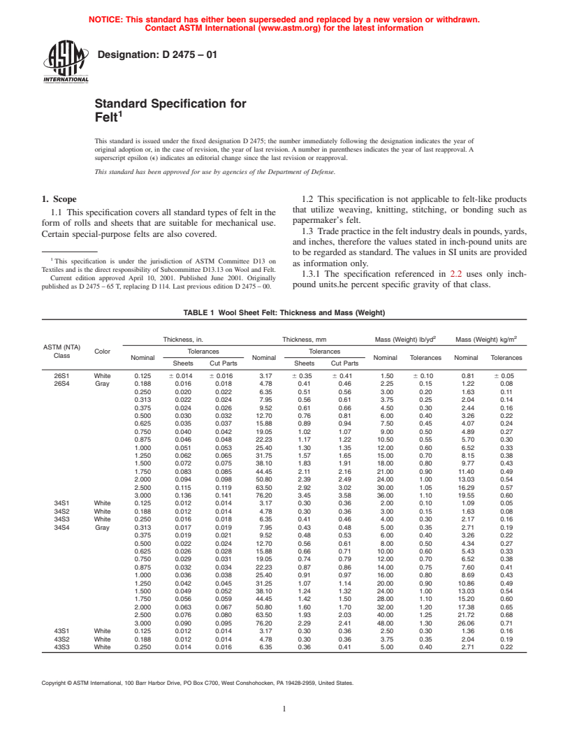 ASTM D2475-01 - Standard Specification for Felt