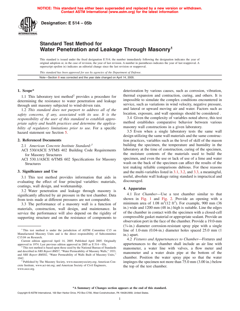 ASTM E514-05b - Standard Test Method for Water Penetration and Leakage Through Masonry