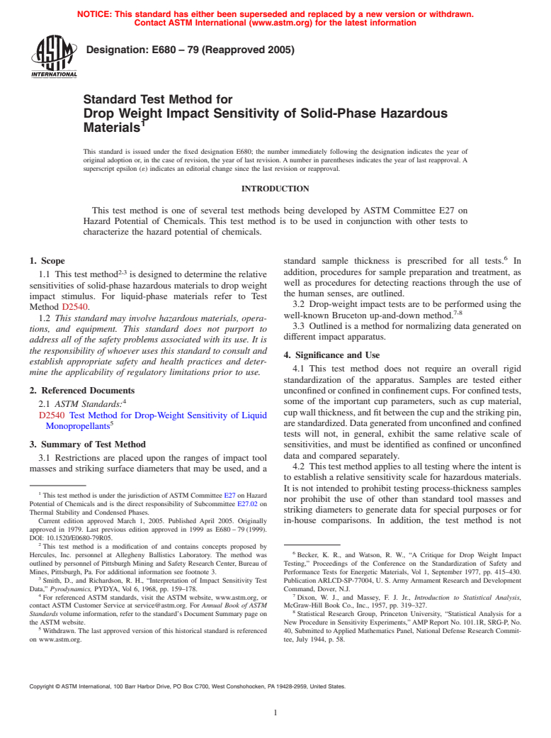 ASTM E680-79(2005) - Standard Test Method for Drop Weight Impact Sensitivity Of Solid-Phase Hazardous Materials