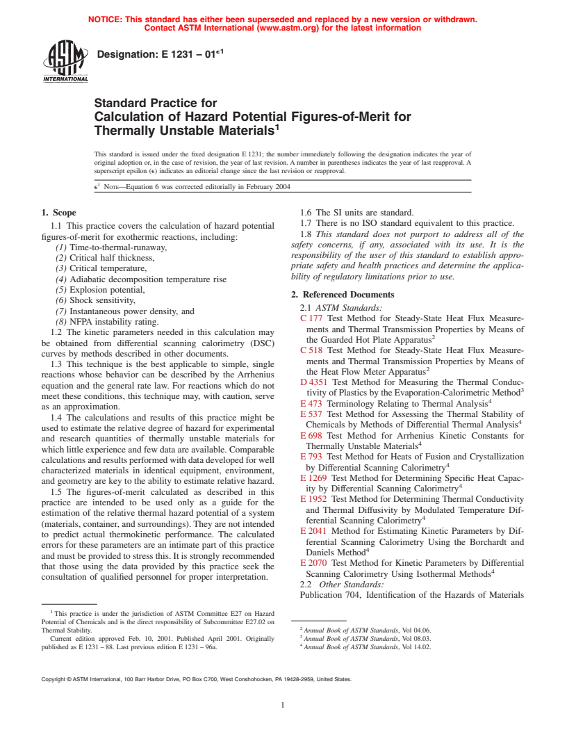 ASTM E1231-01e1 - Standard Practice for Calculation of Hazard Potential Figures-of-Merit for Thermally Unstable Materials