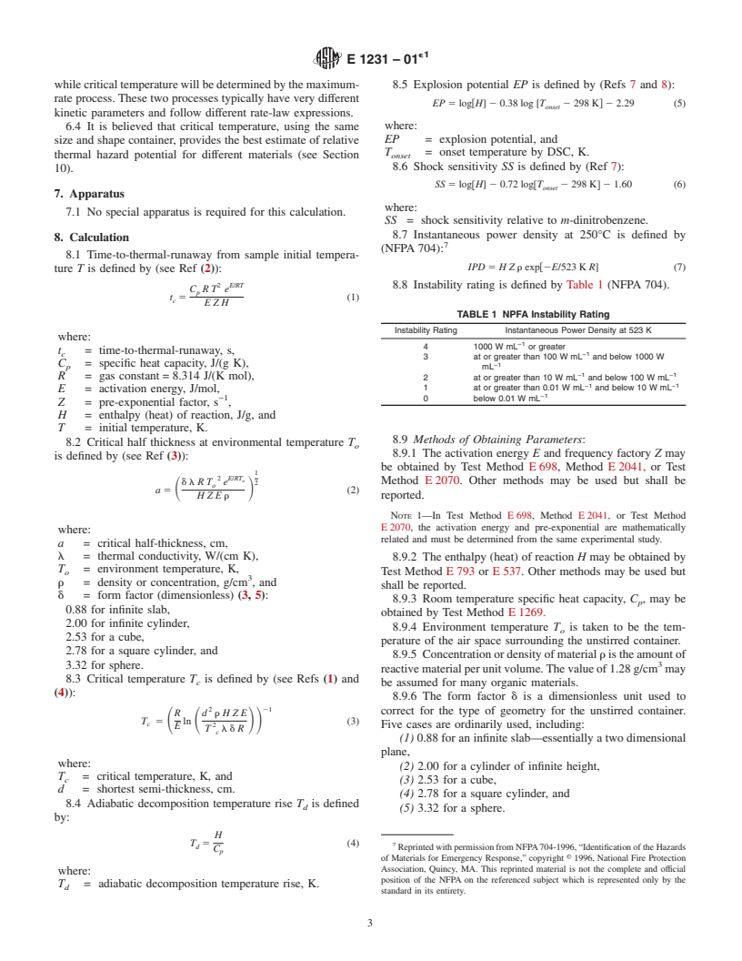 ASTM E1231-01e1 - Standard Practice for Calculation of Hazard Potential Figures-of-Merit for Thermally Unstable Materials