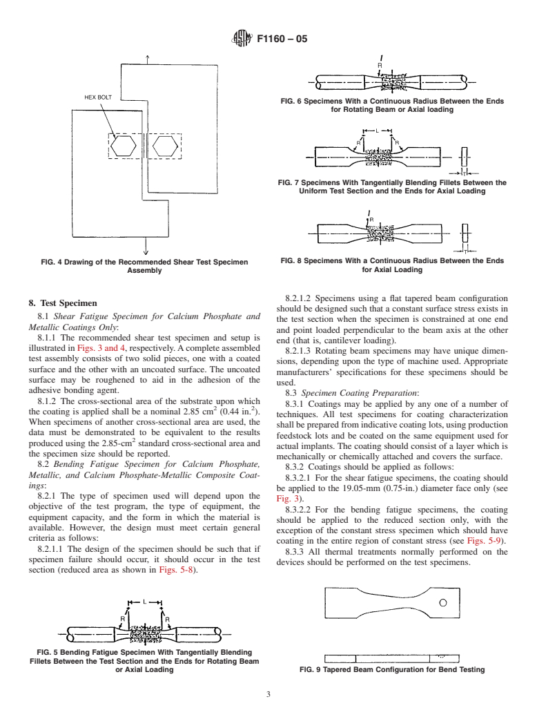 ASTM F1160-05 - Standard Test Method for Shear and Bending Fatigue Testing of Calcium Phosphate and Metallic Medical and Composite Calcium Phosphate/Metallic Coatings