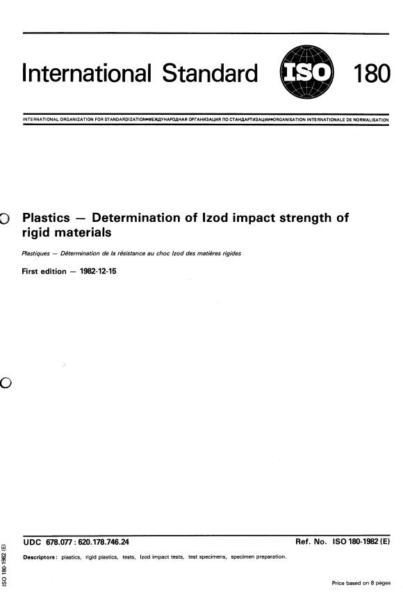 ISO 180:1982 - Plastics -- Determination of Izod impact strength of rigid materials