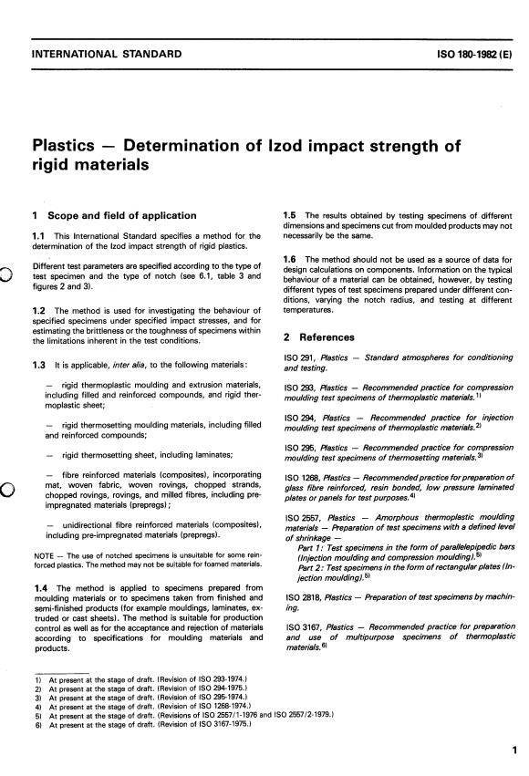 ISO 180:1982 - Plastics -- Determination of Izod impact strength of rigid materials
