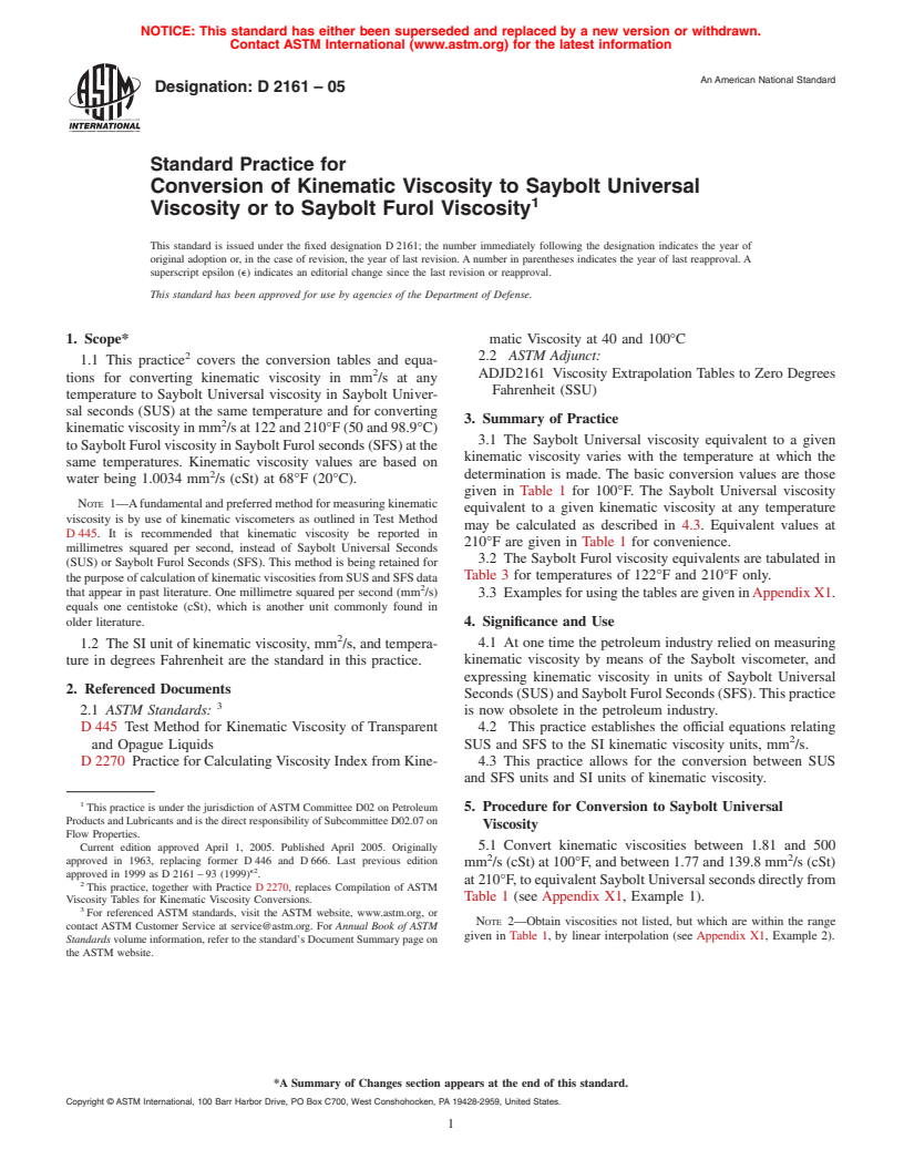 ASTM D2161-05 - Standard Practice for Conversion of Kinematic Viscosity to Saybolt Universal Viscosity or to Saybolt Furol Viscosity