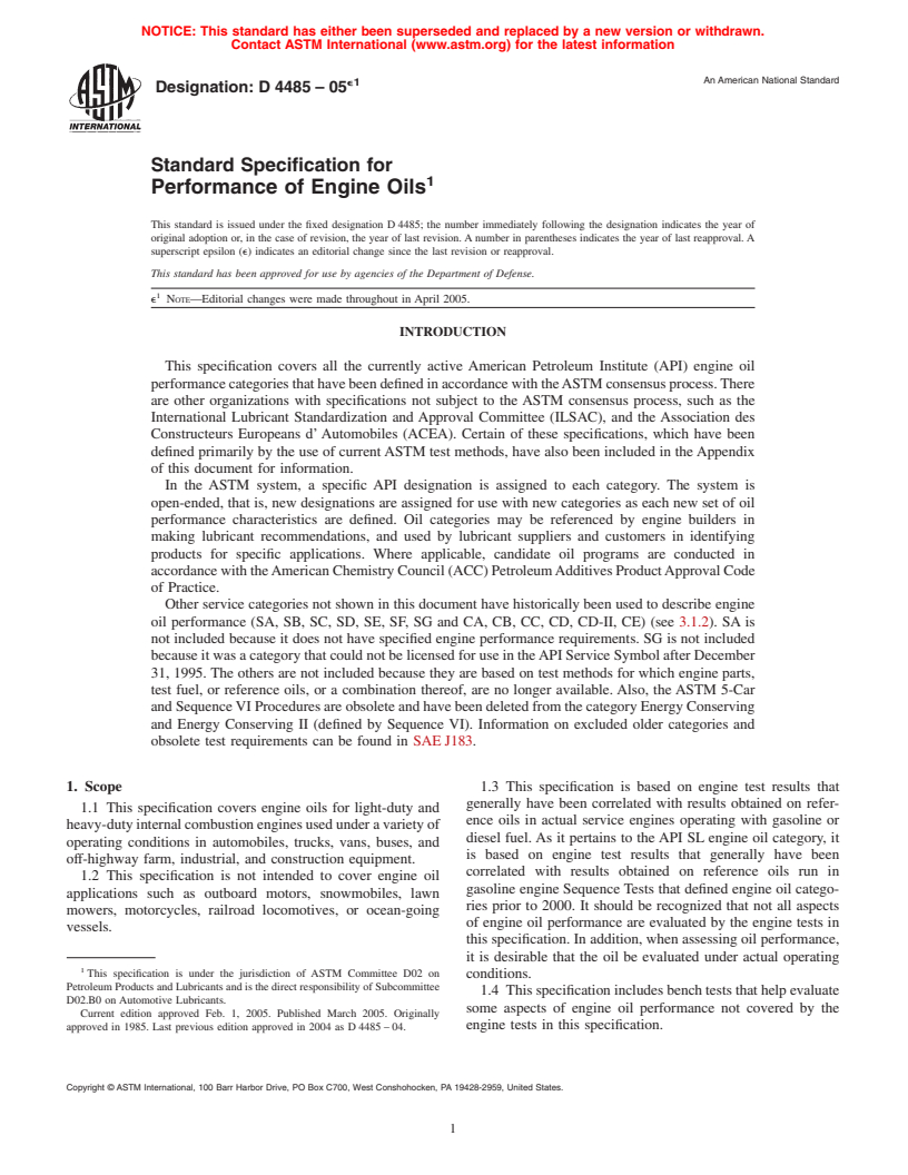 ASTM D4485-05e1 - Standard Specification for Performance of Engine Oils