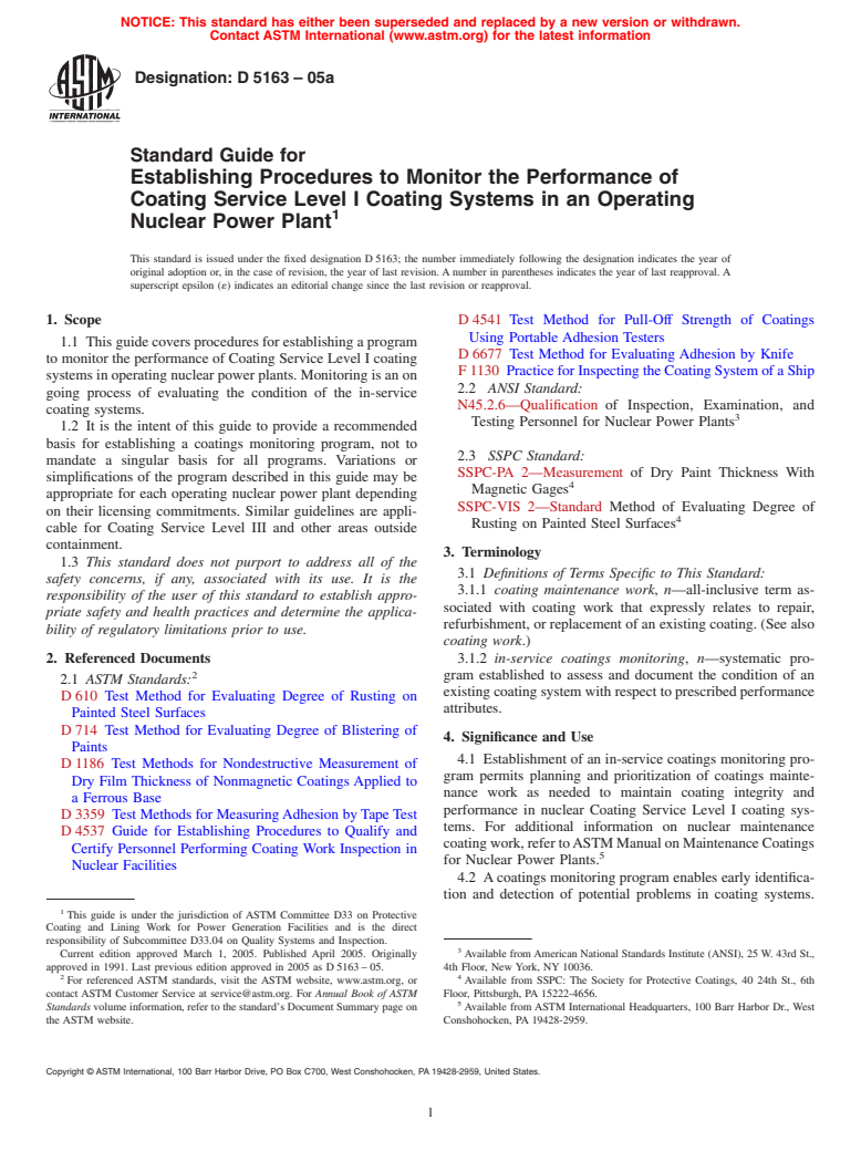 ASTM D5163-05a - Standard Guide for Establishing Procedures to Monitor the Performance of Service Level I Coatings in an Operating Nuclear Power Plant