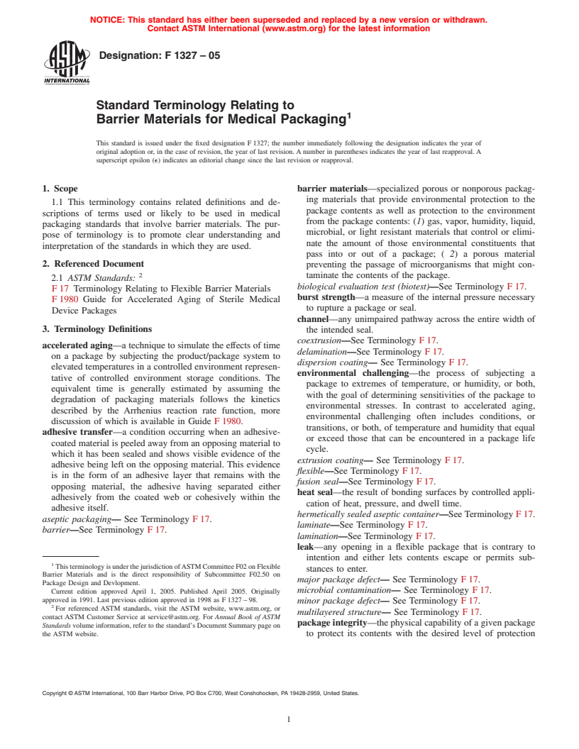 ASTM F1327-05 - Standard Terminology Relating to Barrier Materials for Medical Packaging (Withdrawn 2007)