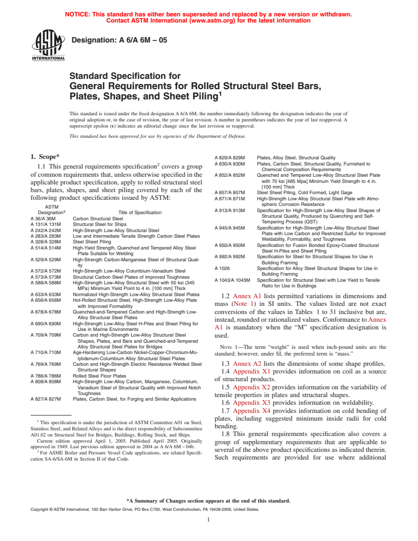 ASTM A6/A6M-05 - Standard Specification for General Requirements for Rolled Structural Steel Bars, Plates, Shapes, and Sheet Piling