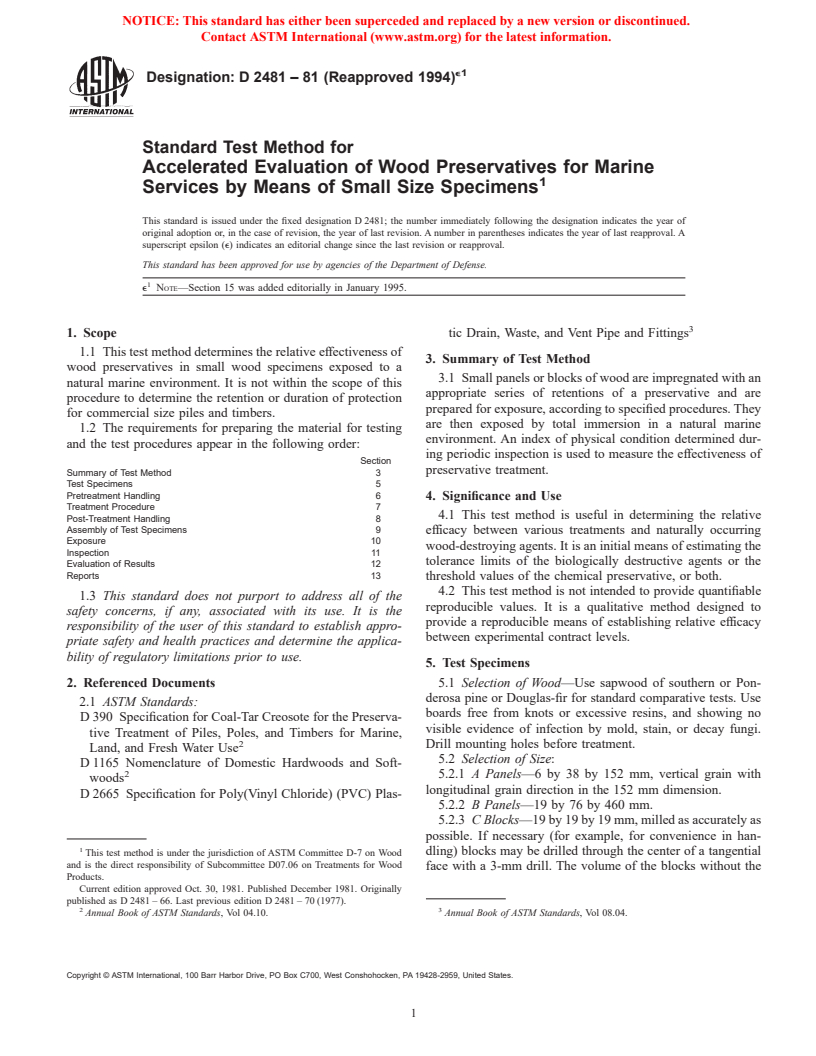 ASTM D2481-81(1994)e1 - Standard Test Method for Accelerated Evaluation of Wood Preservatives for Marine Services by Means of Small Size Specimens