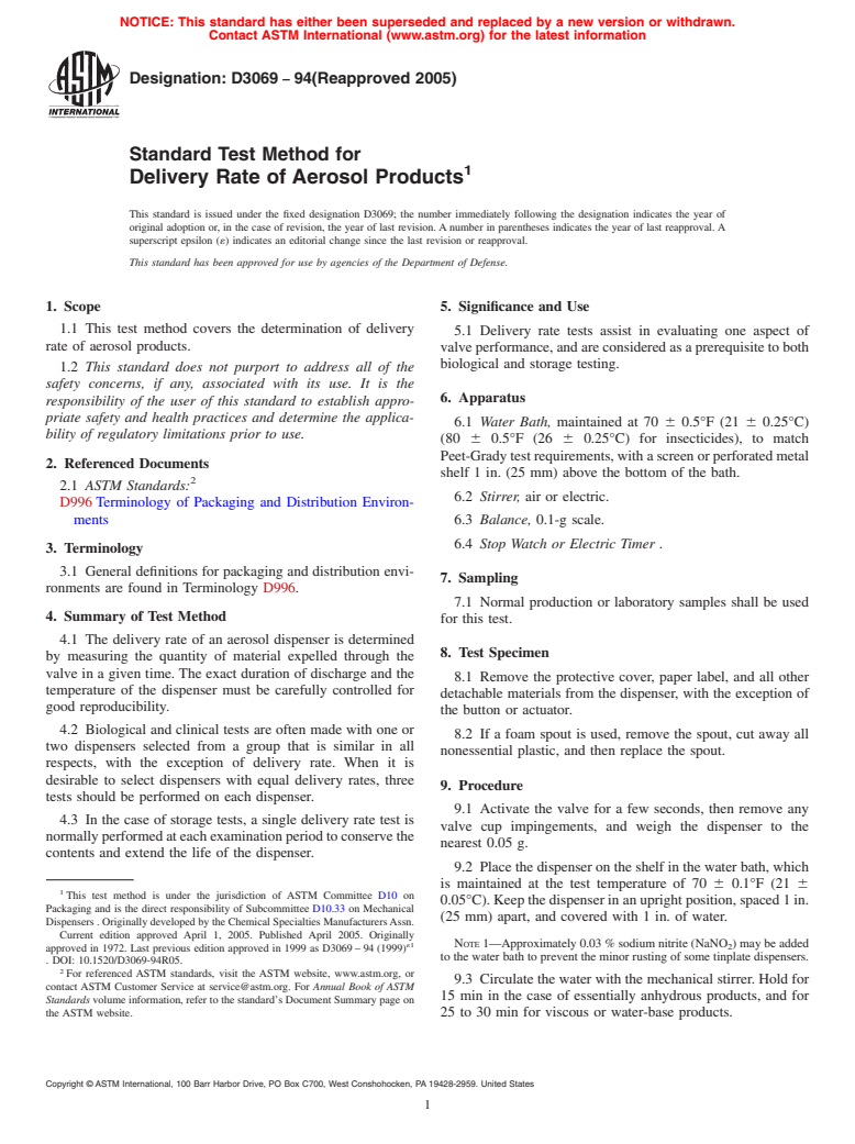 ASTM D3069-94(2005) - Standard Test Method for Delivery Rate of Aerosol Products