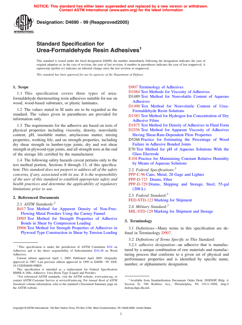 ASTM D4690-99(2005) - Standard Specification for Urea-Formaldehyde Resin Adhesives