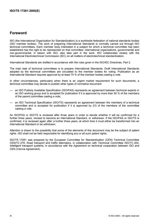 ISO/TS 17261:2005 ISO/TS 17261:2005 - Intelligent transport systems - Automatic vehicle and equipment identification -- Intermodal goods transport architecture and terminology - Page 4 preview