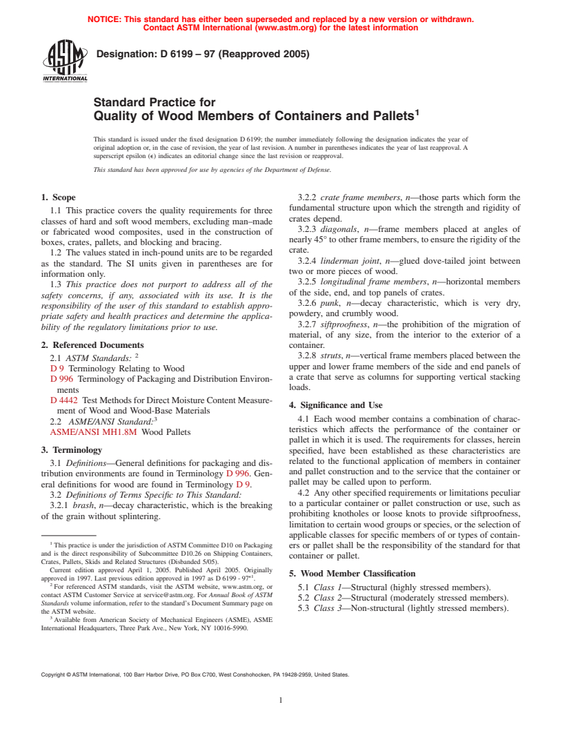 ASTM D6199-97(2005) - Standard Practice for Quality of Wood Members of Containers and Pallets