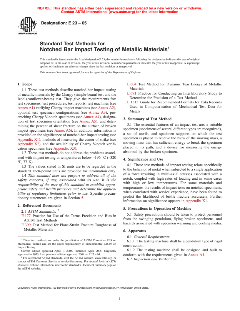 ASTM E23-05 - Standard Test Methods for Notched Bar Impact Testing of Metallic Materials