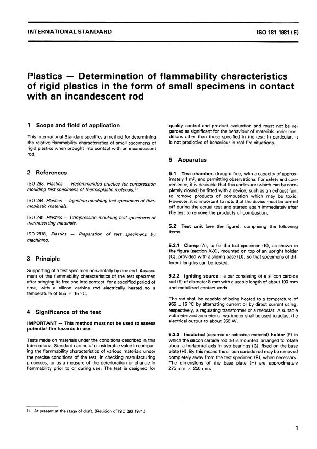 ISO 181:1981 - Plastics -- Determination of flammability characteristics of rigid plastics in the form of small specimens in contact with an incandescent rod