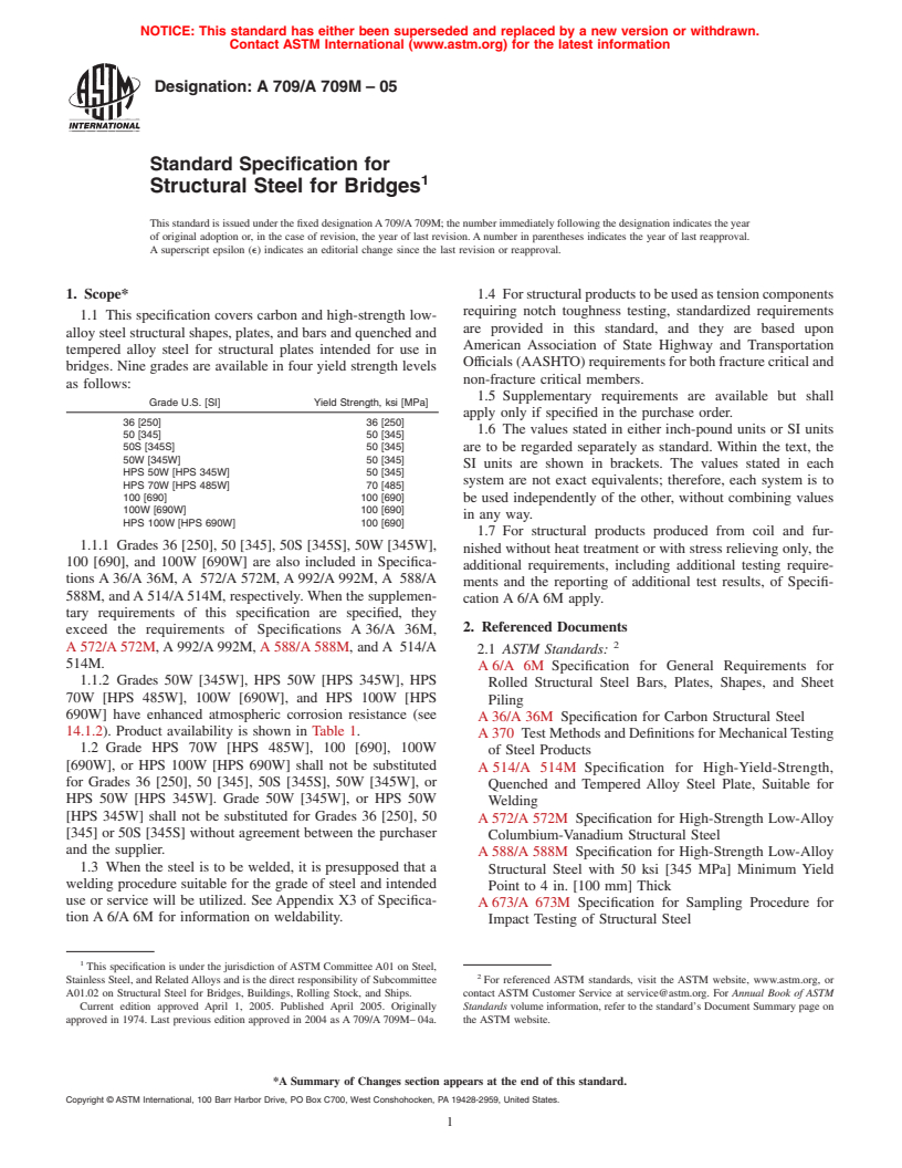 ASTM A709/A709M-05 - Standard Specification for Structural Steel for Bridges