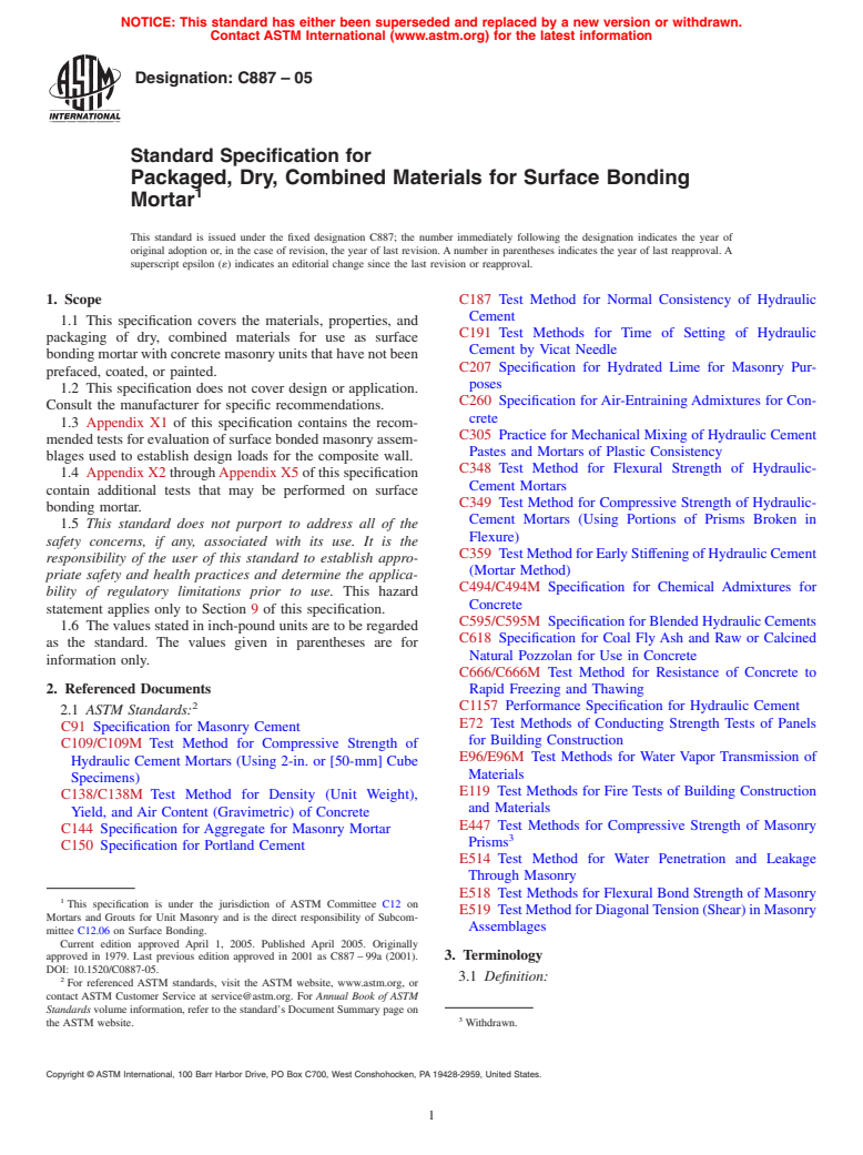 ASTM C887-05 - Standard Specification for Packaged, Dry, Combined Materials for Surface Bonding Mortar