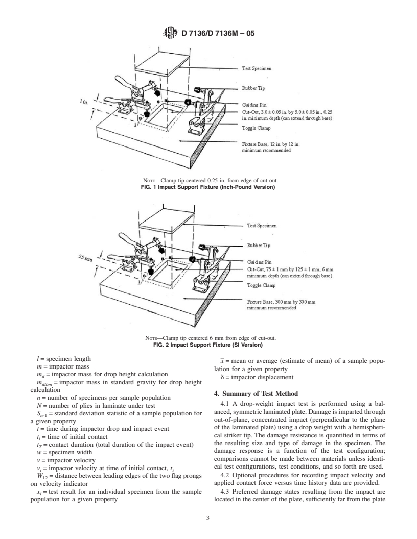 ASTM D7136/D7136M-05 - Standard Test Method for Measuring the Damage Resistance of a Fiber-Reinforced Polymer Matrix Composite to a Drop-Weight Impact Event