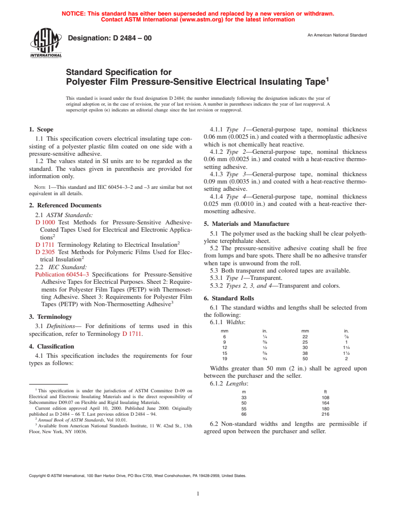 ASTM D2484-00 - Standard Specification for Polyester Film Pressure-Sensitive Electrical Insulating Tape