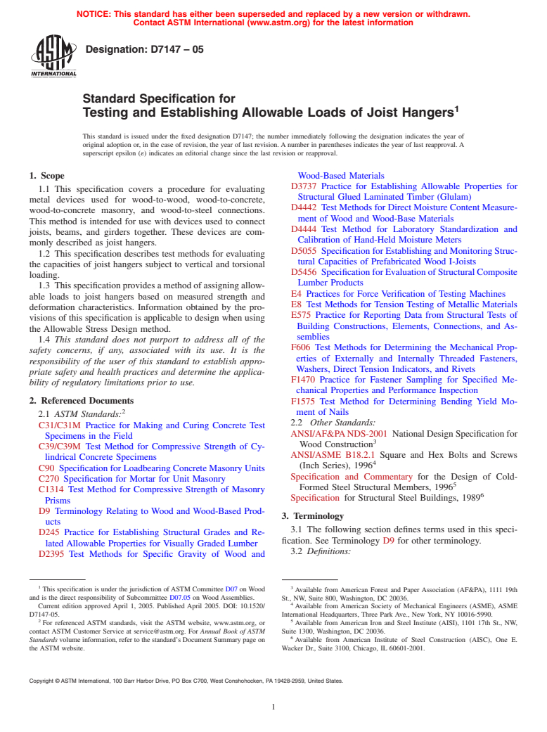 ASTM D7147-05 - Standard Specification for Testing and Establishing Allowable Loads of Joist Hangers