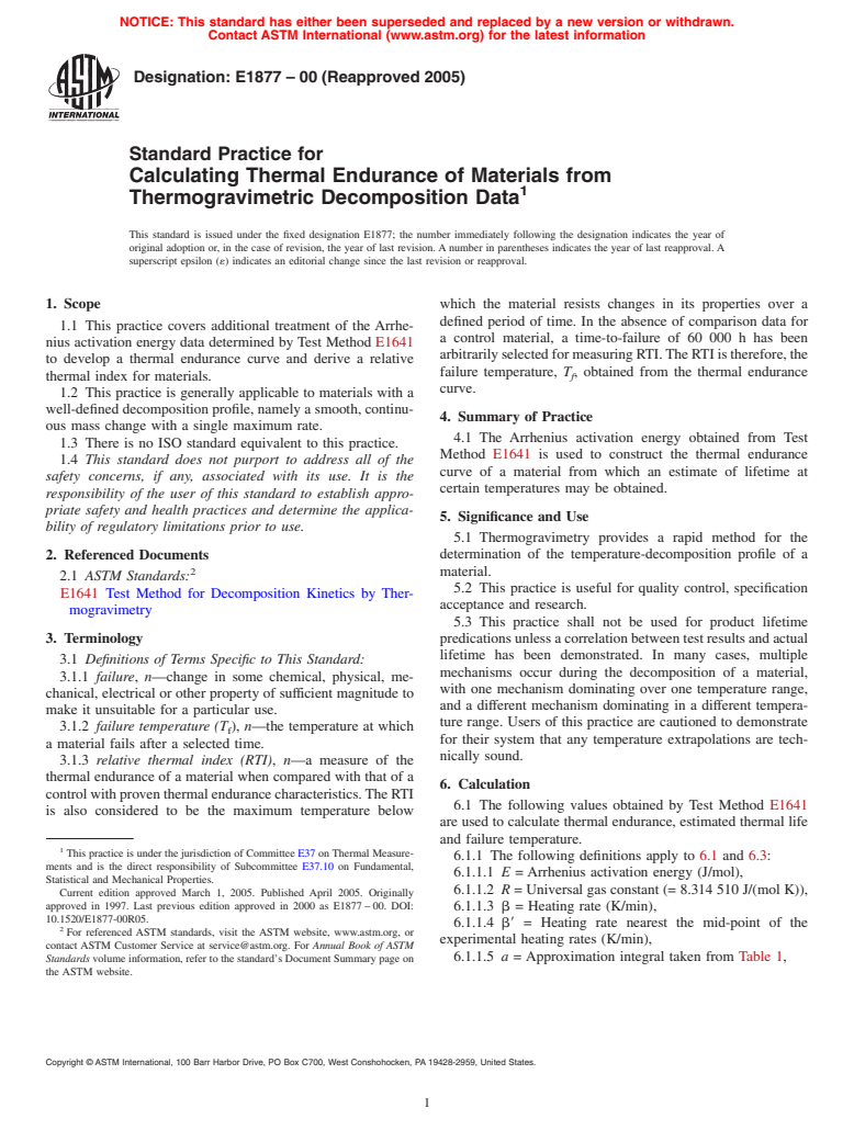 ASTM E1877-00(2005) - Standard Practice for Calculating Thermal Endurance of Materials from Thermogravimetric Decomposition Data