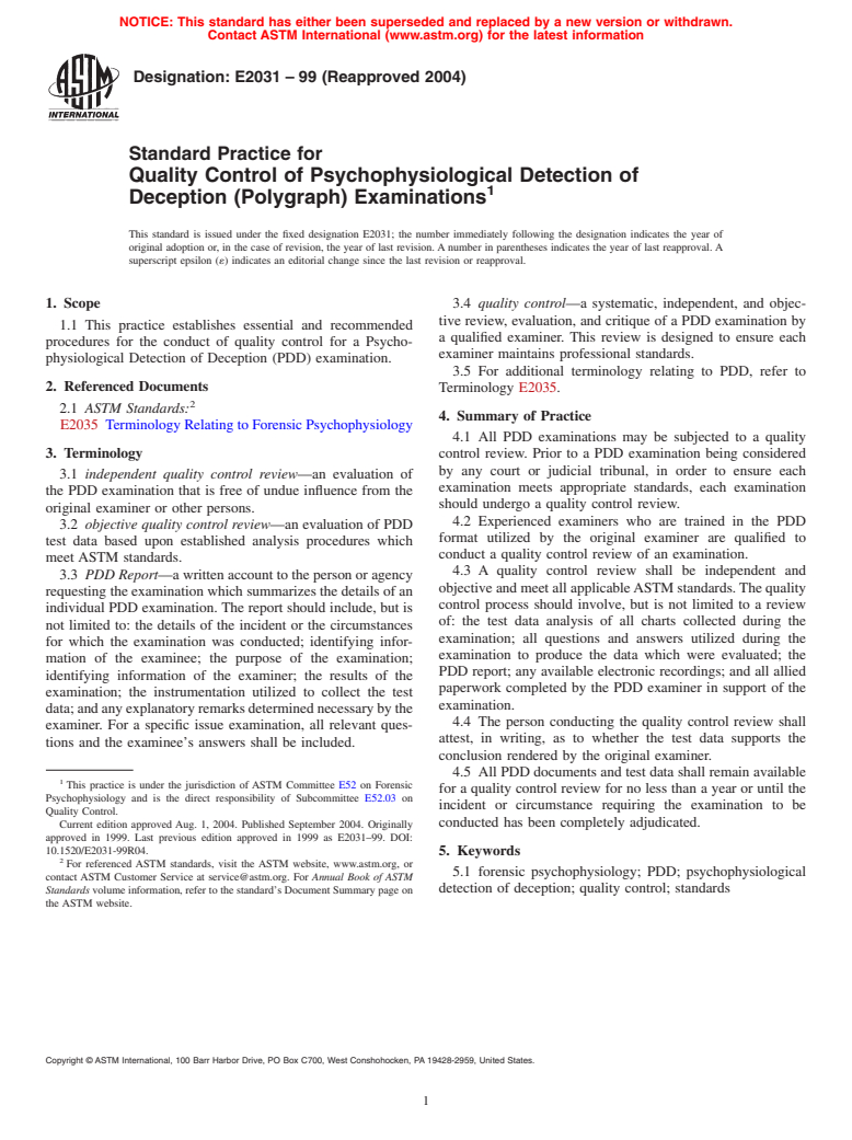 ASTM E2031-99(2004) - Standard Practice for Quality Control of Psychophysiological Detection of Deception (Polygraph) Examinations