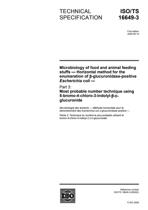 ISO/TS 16649-3:2005 - Microbiology of food and animal feeding stuffs -- Horizontal method for the enumeration of beta-glucuronidase-positive Escherichia coli