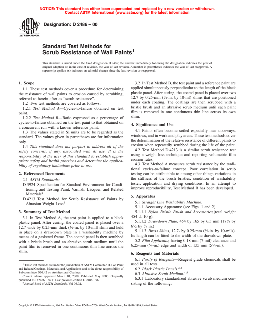 ASTM D2486-00 - Standard Test Methods for Scrub Resistance of Wall Paints