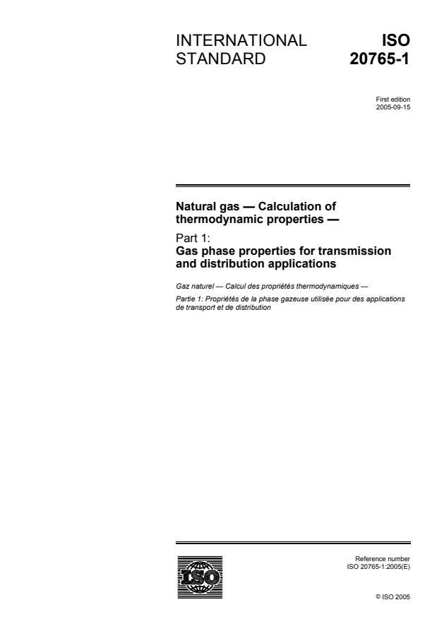 ISO 20765-1:2005 - Natural gas -- Calculation of thermodynamic  properties