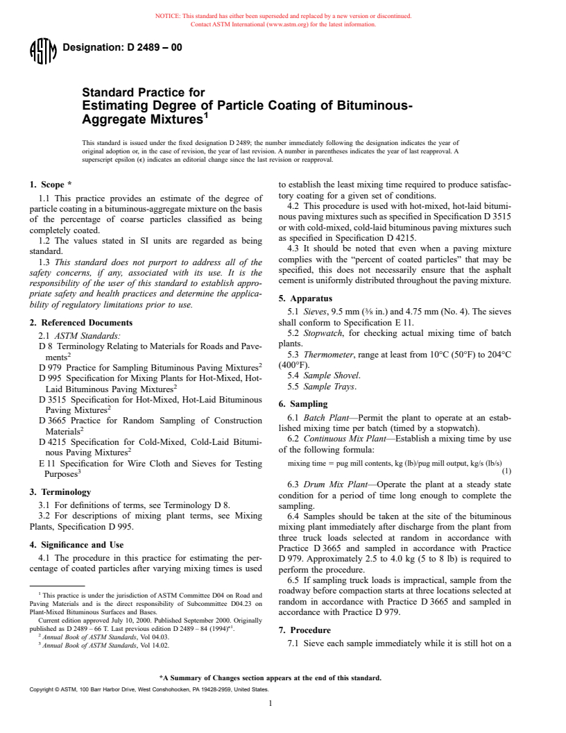 ASTM D2489-00 - Standard Practice for Estimating Degree of Particle Coating of Bituminous-Aggregate Mixtures