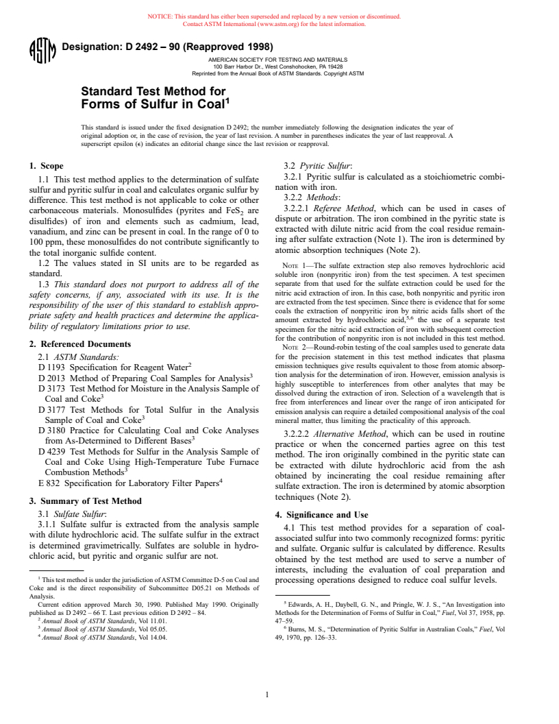 ASTM D2492-90(1998) - Standard Test Method for Forms of Sulfur in Coal