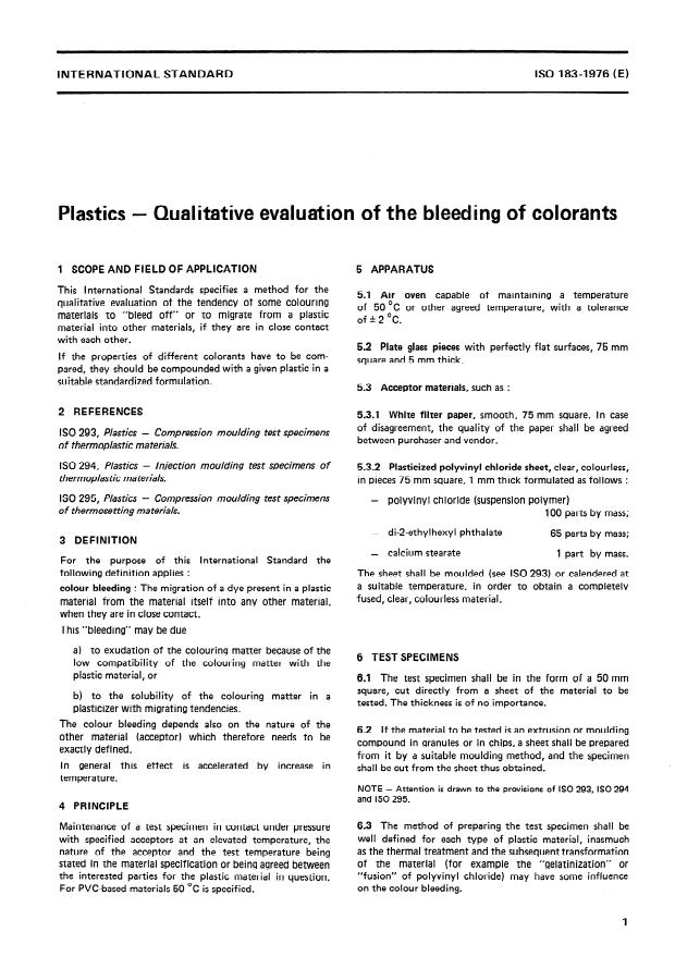ISO 183:1976 - Plastics -- Qualitative evaluation of the bleeding of colorants