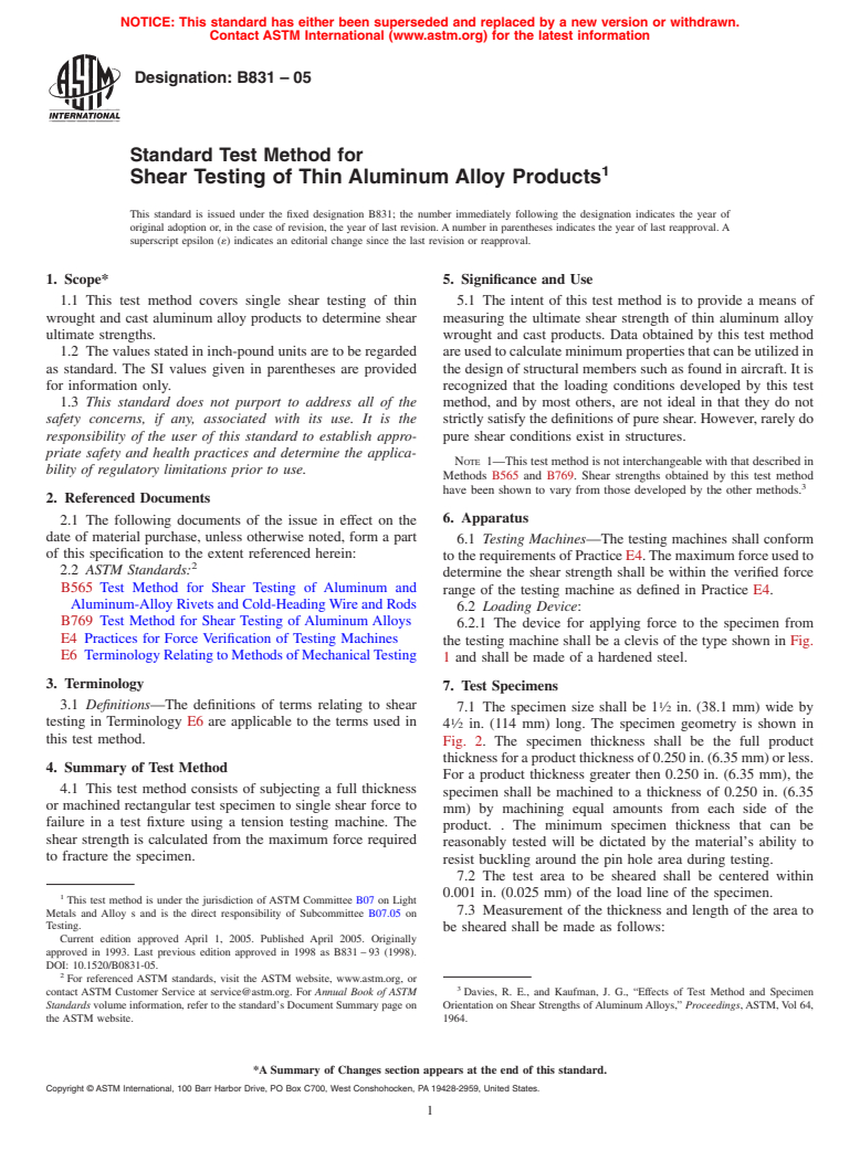 ASTM B831-05 - Standard Test Method for Shear Testing of Thin Aluminum Alloy Products