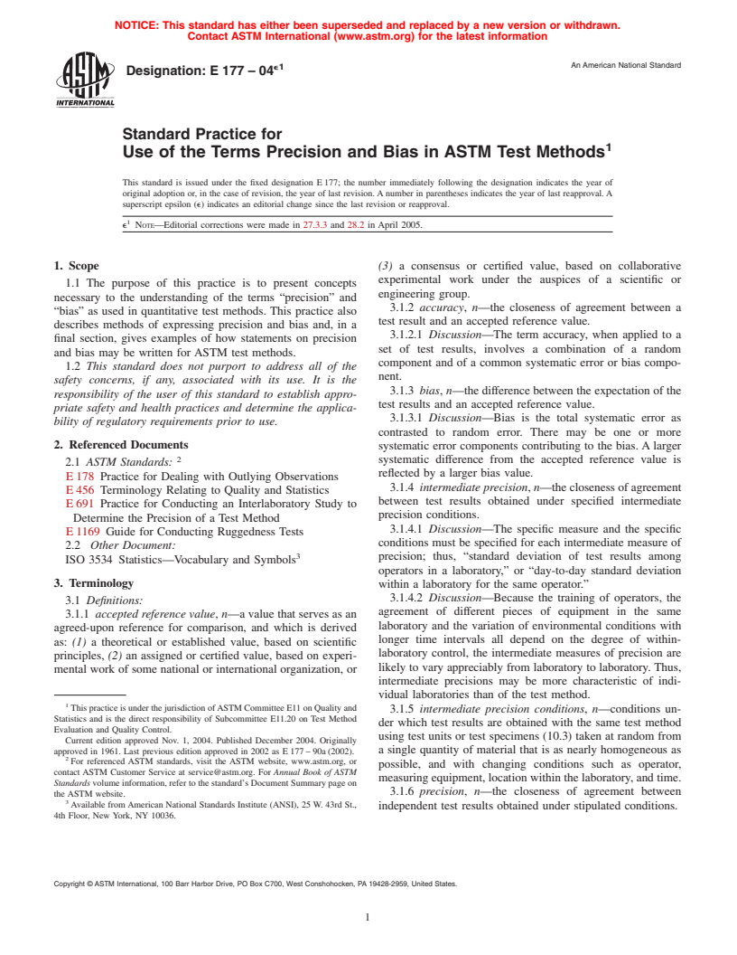 ASTM E177-04e1 - Standard Practice for Use of the Terms Precision and Bias in ASTM Test Methods