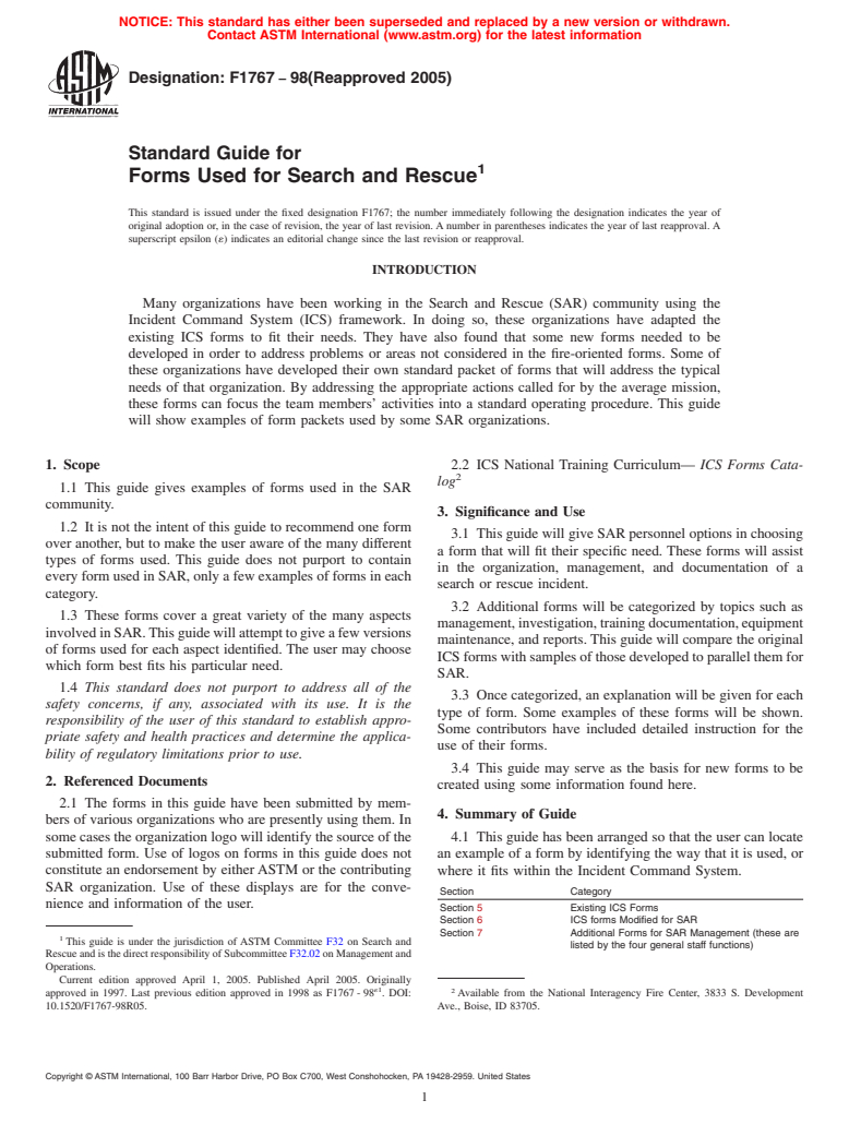 ASTM F1767-98(2005) - Standard Guide for Forms Used for Search and Rescue (Withdrawn 2014)