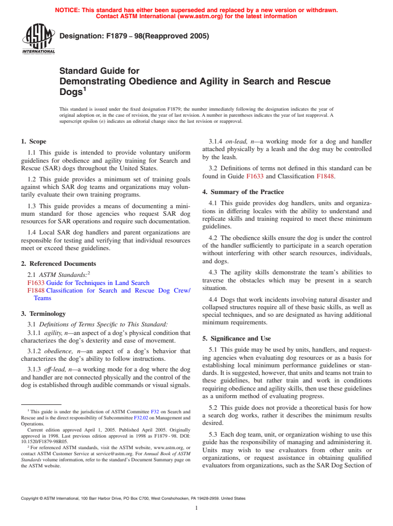 ASTM F1879-98(2005) - Standard Guide for Demonstrating Obedience and Agility in Search and Rescue Dogs (Withdrawn 2014)