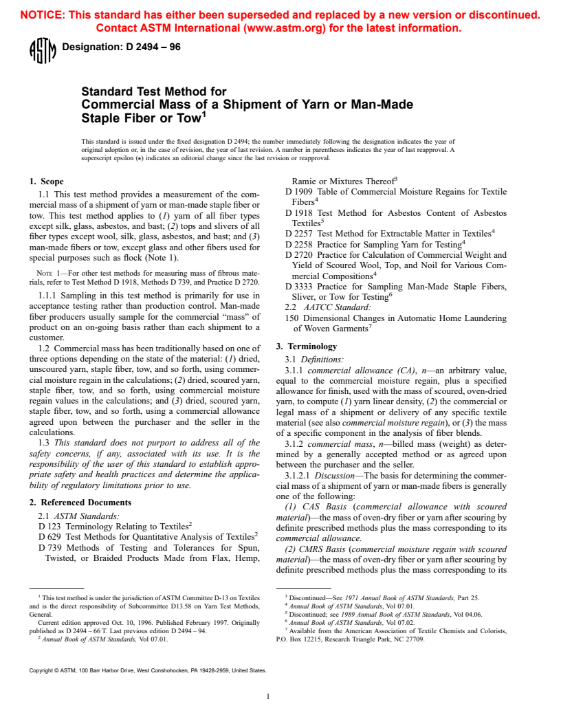 ASTM D2494-96 - Standard Test Method for Commercial Mass of a Shipment of Yarn or Man-Made Staple Fiber or Tow