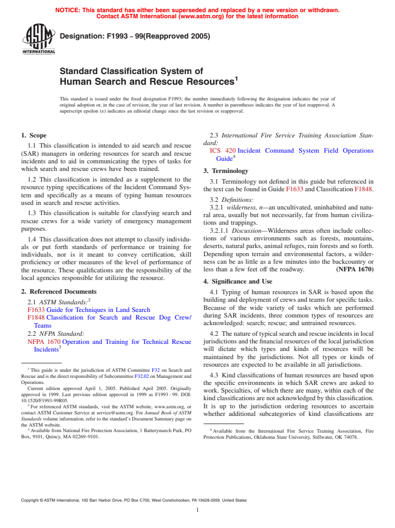 ASTM F1993-99(2005) - Standard Classification of Human Search and Rescue Resources (Withdrawn 2014)