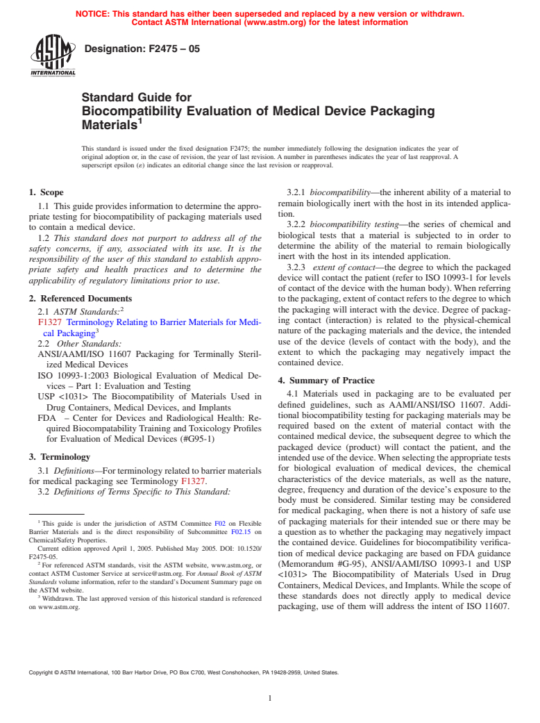 ASTM F2475-05 - Standard Guide for Biocompatibility Evaluation of ...