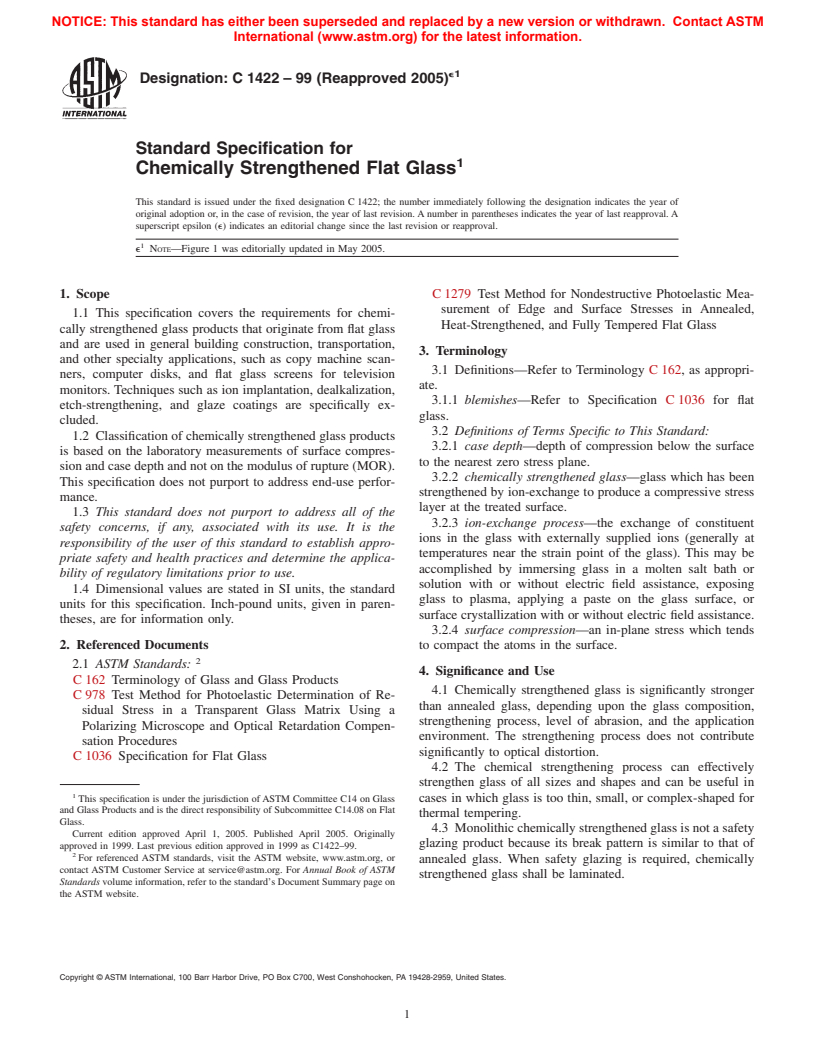 ASTM C1422-99(2005) - Standard Specification for Chemically Strengthened Flat Glass