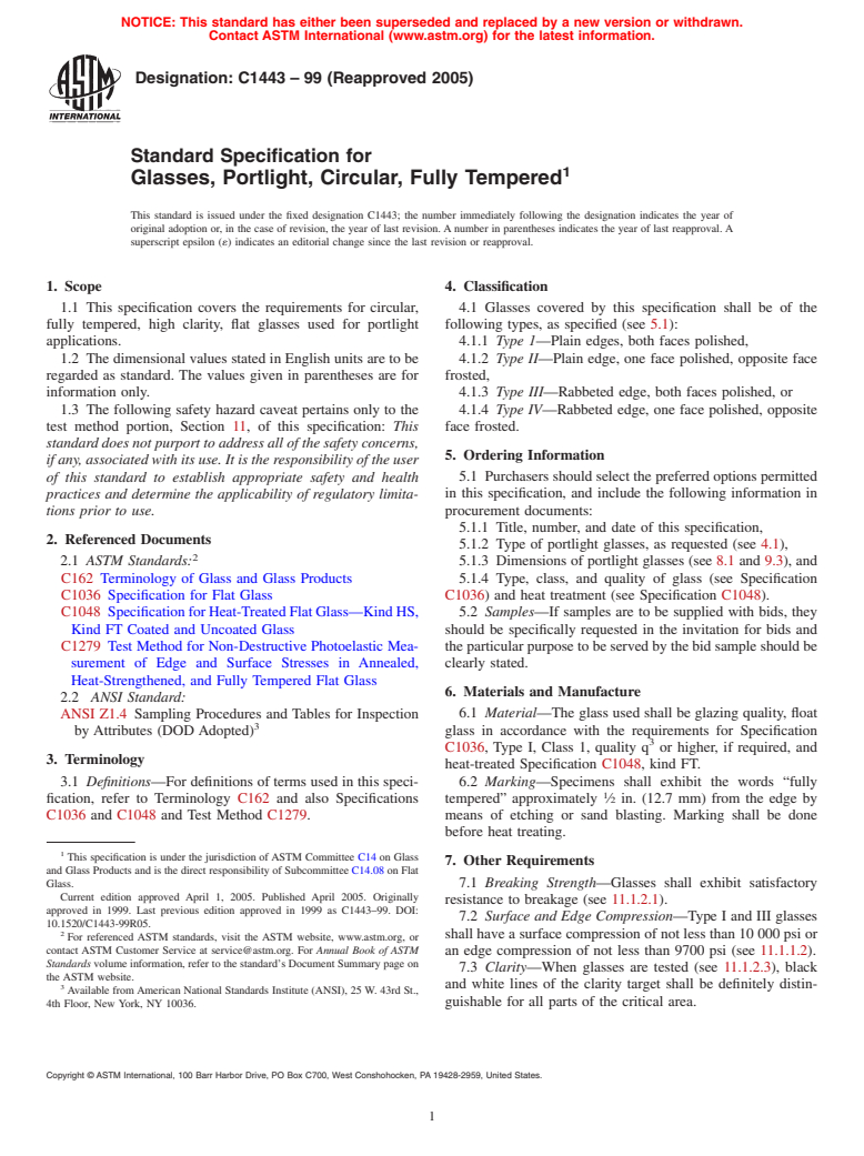 ASTM C1443-99(2005) - Standard Specification for Glasses, Portlight, Circular, Fully Tempered