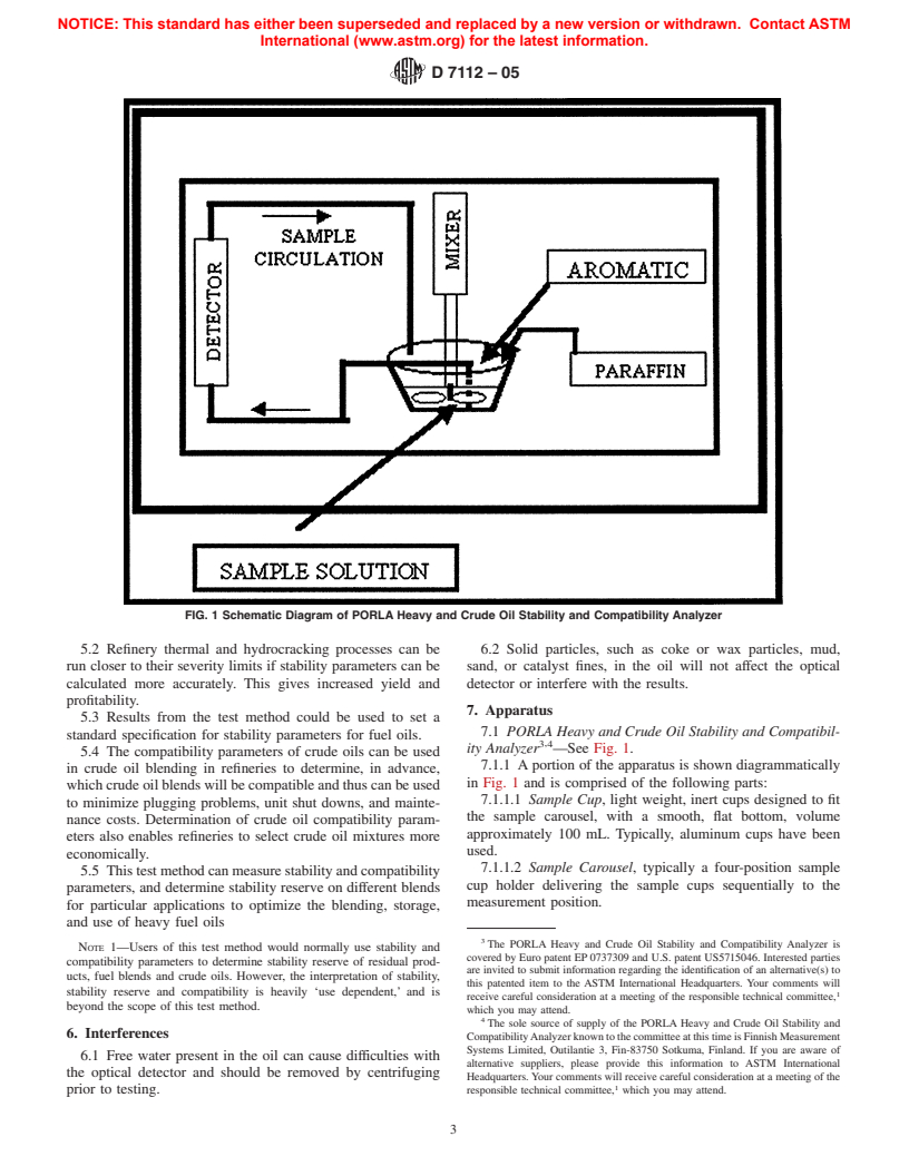 ASTM D7112-05 - Standard Test Method for Determining Stability and Compatibility of Heavy Fuel Oils and Crude Oils by Heavy Fuel Oil Stability Analyzer (Optical Detection)