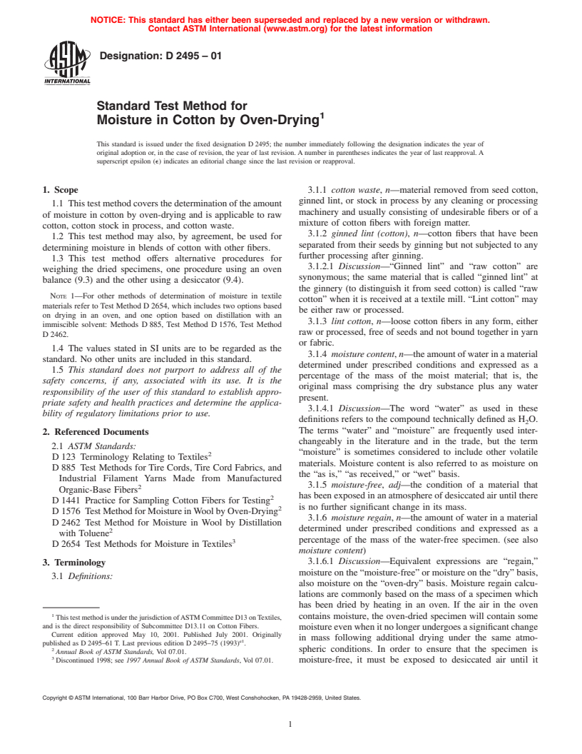 ASTM D2495-01 - Standard Test Method for Moisture in Cotton by Oven-Drying