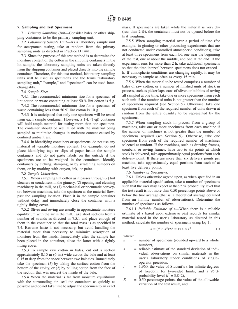 ASTM D2495-01 - Standard Test Method for Moisture in Cotton by Oven-Drying