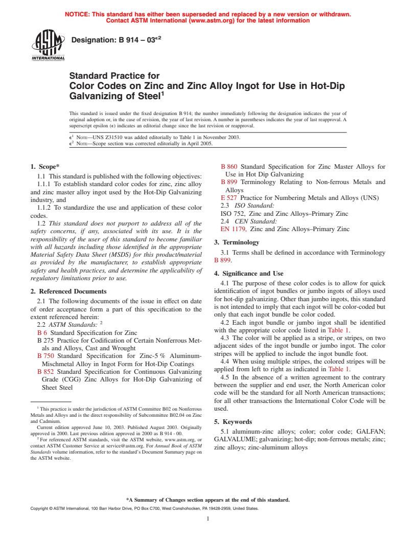 ASTM B914-03e2 - Standard Practice for Color Codes on Zinc and Zinc Alloy Ingot for Use in Hot-Dip Galvanizing of Steel