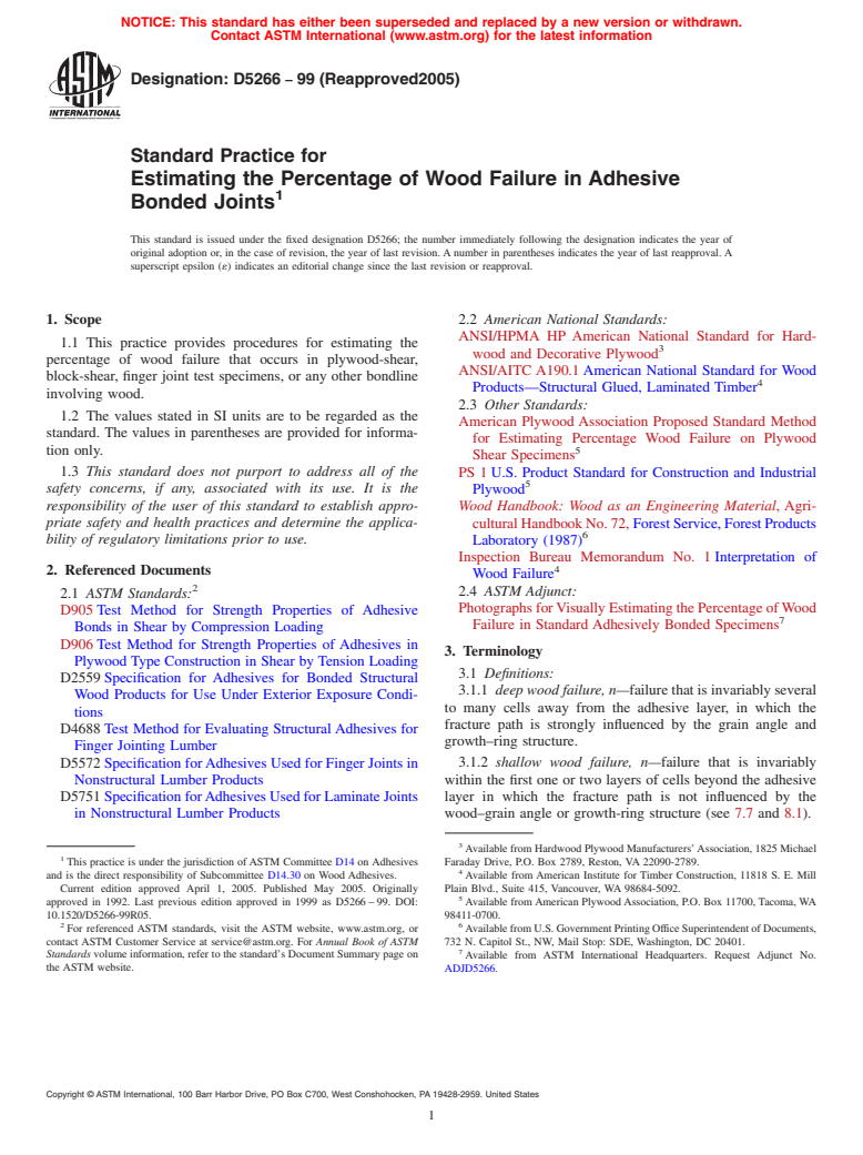 ASTM D5266-99(2005) - Standard Practice for Estimating the Percentage of Wood Failure in Adhesive Bonded Joints