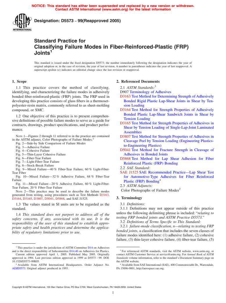 ASTM D5573-99(2005) - Standard Practice for Classifying Failure Modes in Fiber-Reinforced-Plastic (FRP) Joints